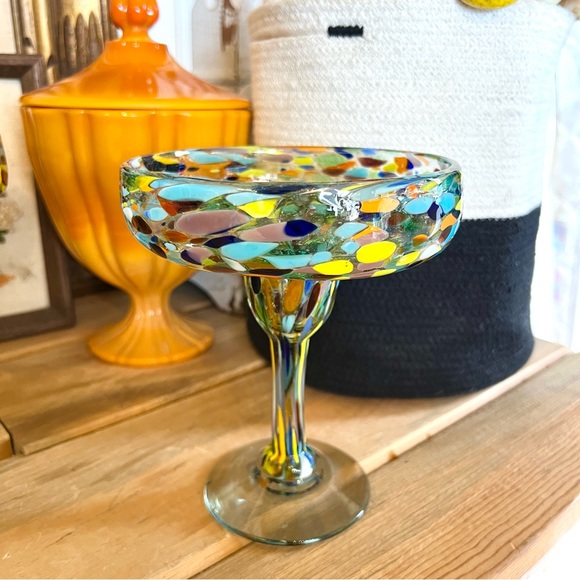 Vintage Hand Blown Confetti Margarita Glasses Set of 2 Hand Crafted 12oz - Picture 3 of 7